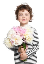 Photo of Cute little boy with bouquet of beautiful peonies on white background