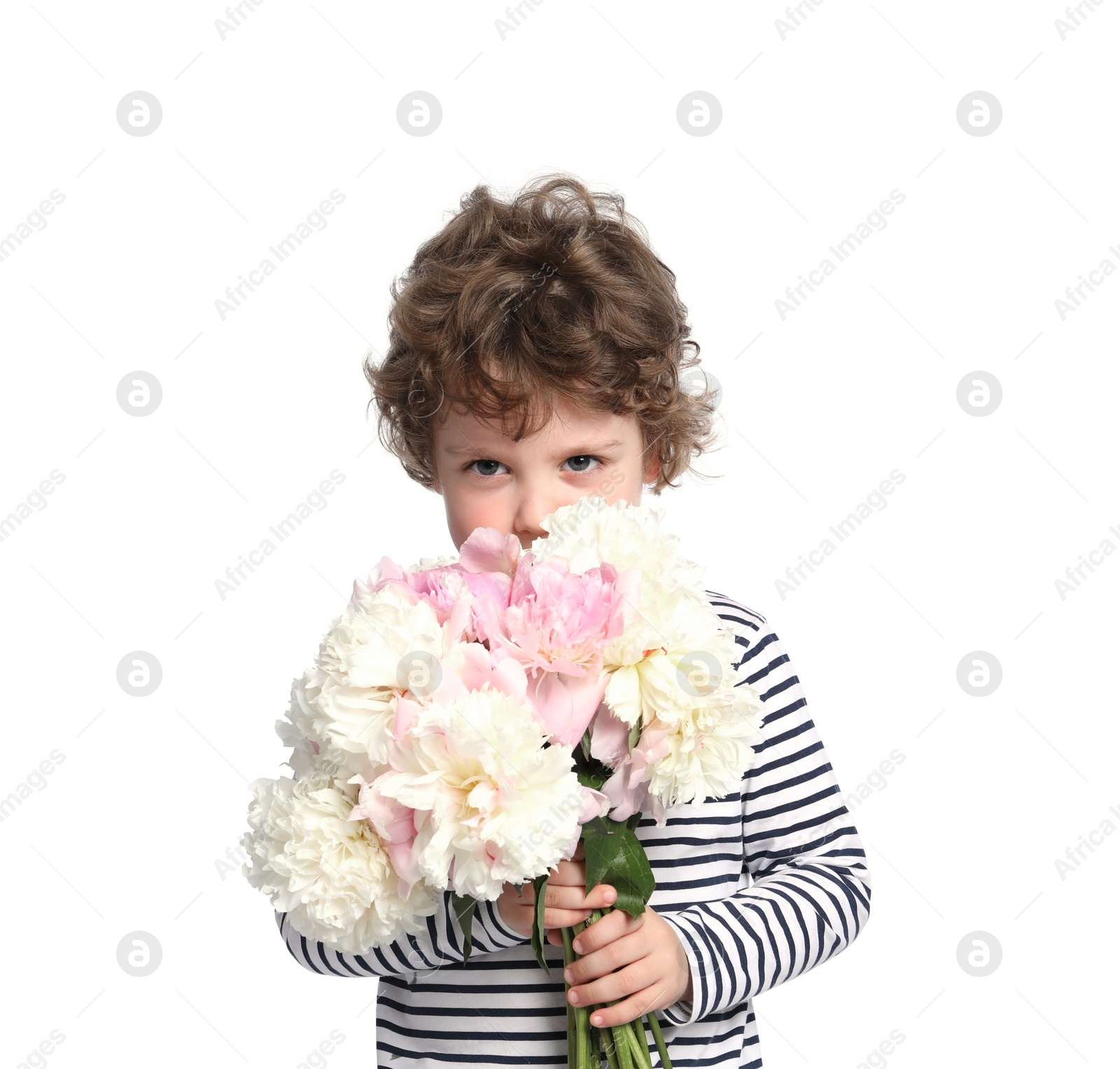 Cute little boy with bouquet of beautiful peonies on white background Photo of Cute little boy with bouquet of beautiful peonies on white background