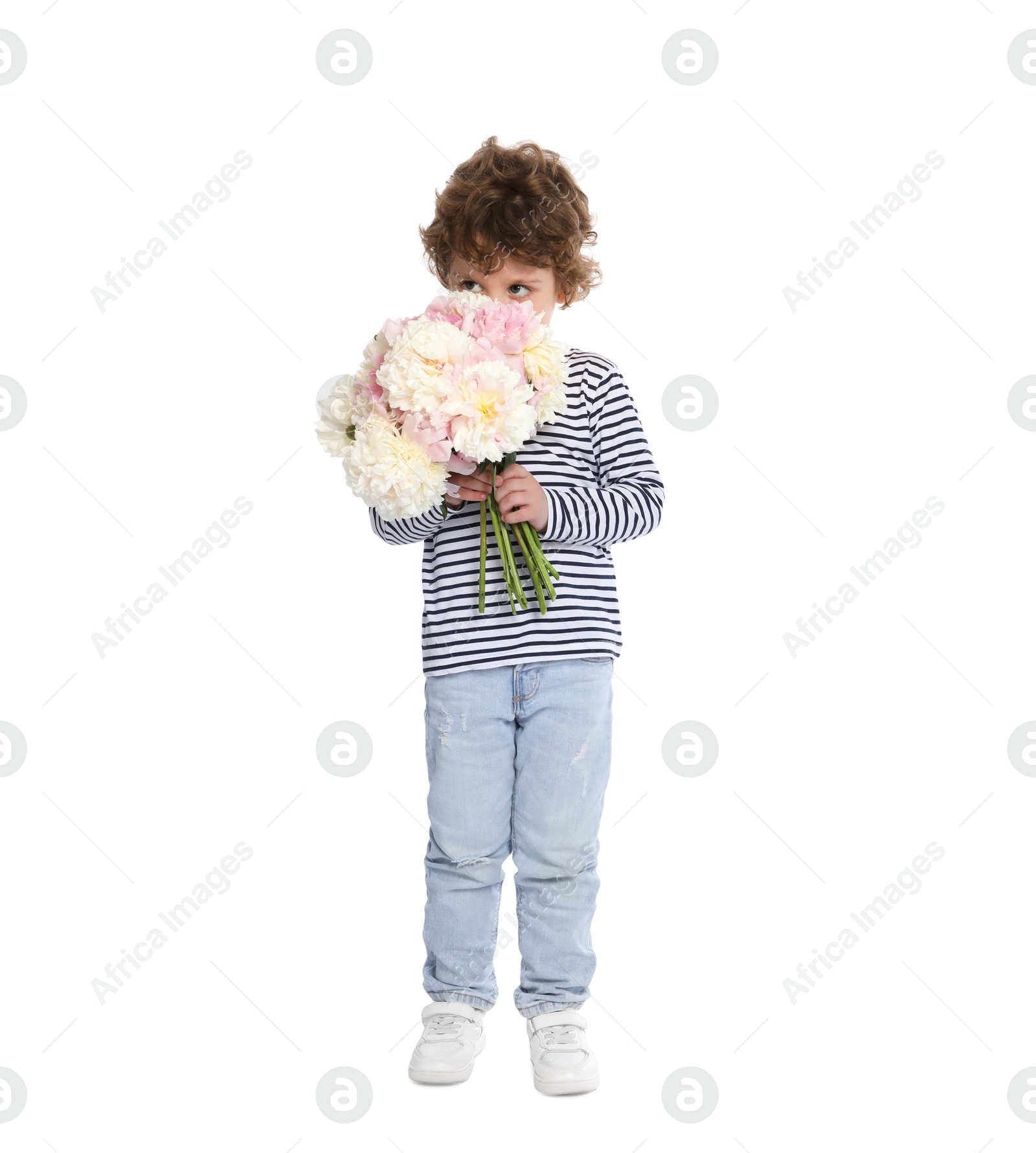 Cute little boy with bouquet of beautiful peonies on white background Photo of Cute little boy with bouquet of beautiful peonies on white background