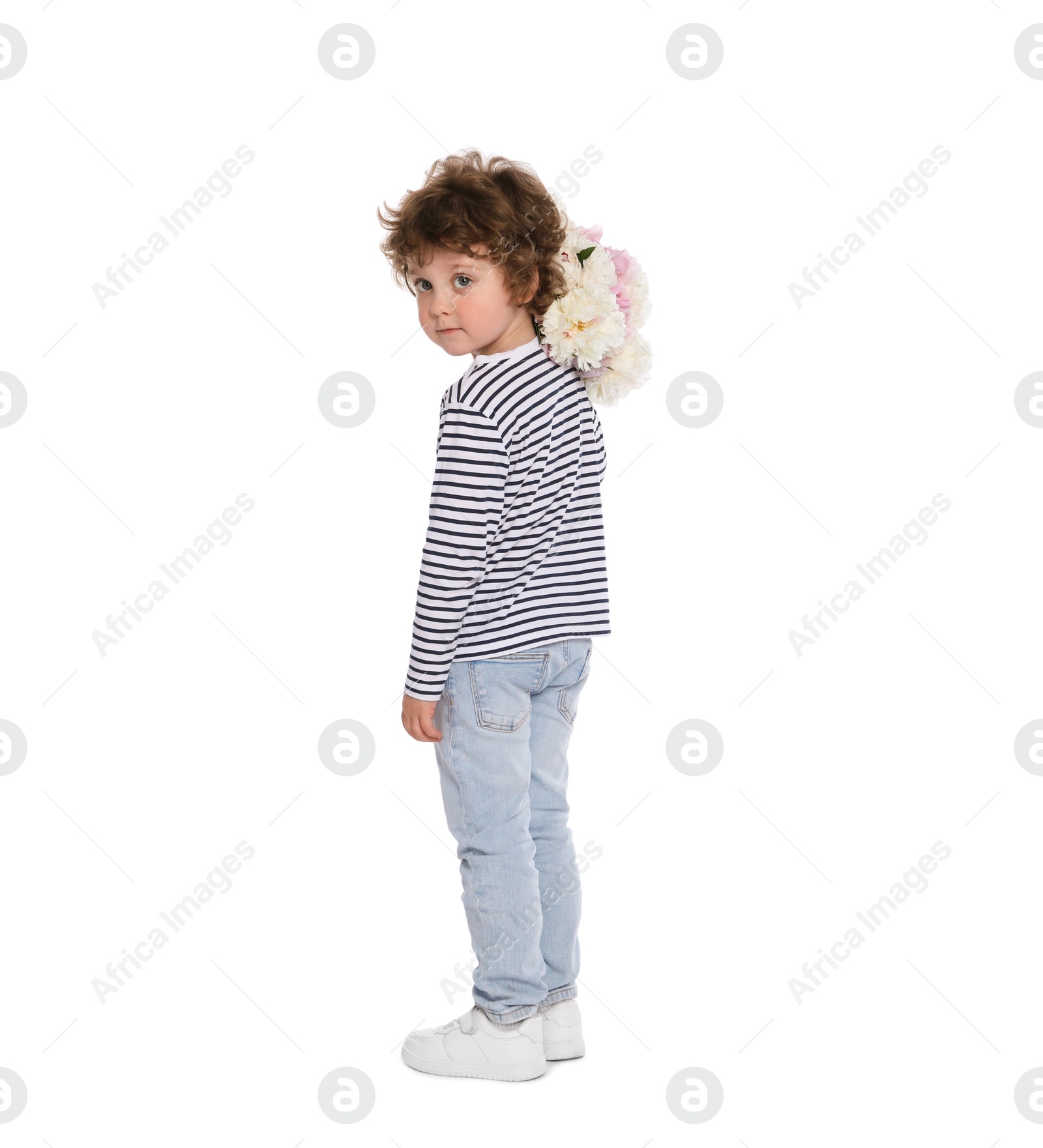 Cute little boy with bouquet of beautiful peonies on white background, back view Photo of Cute little boy with bouquet of beautiful peonies on white background, back view