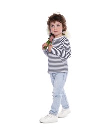Photo of Cute little boy with bouquet of beautiful peonies on white background