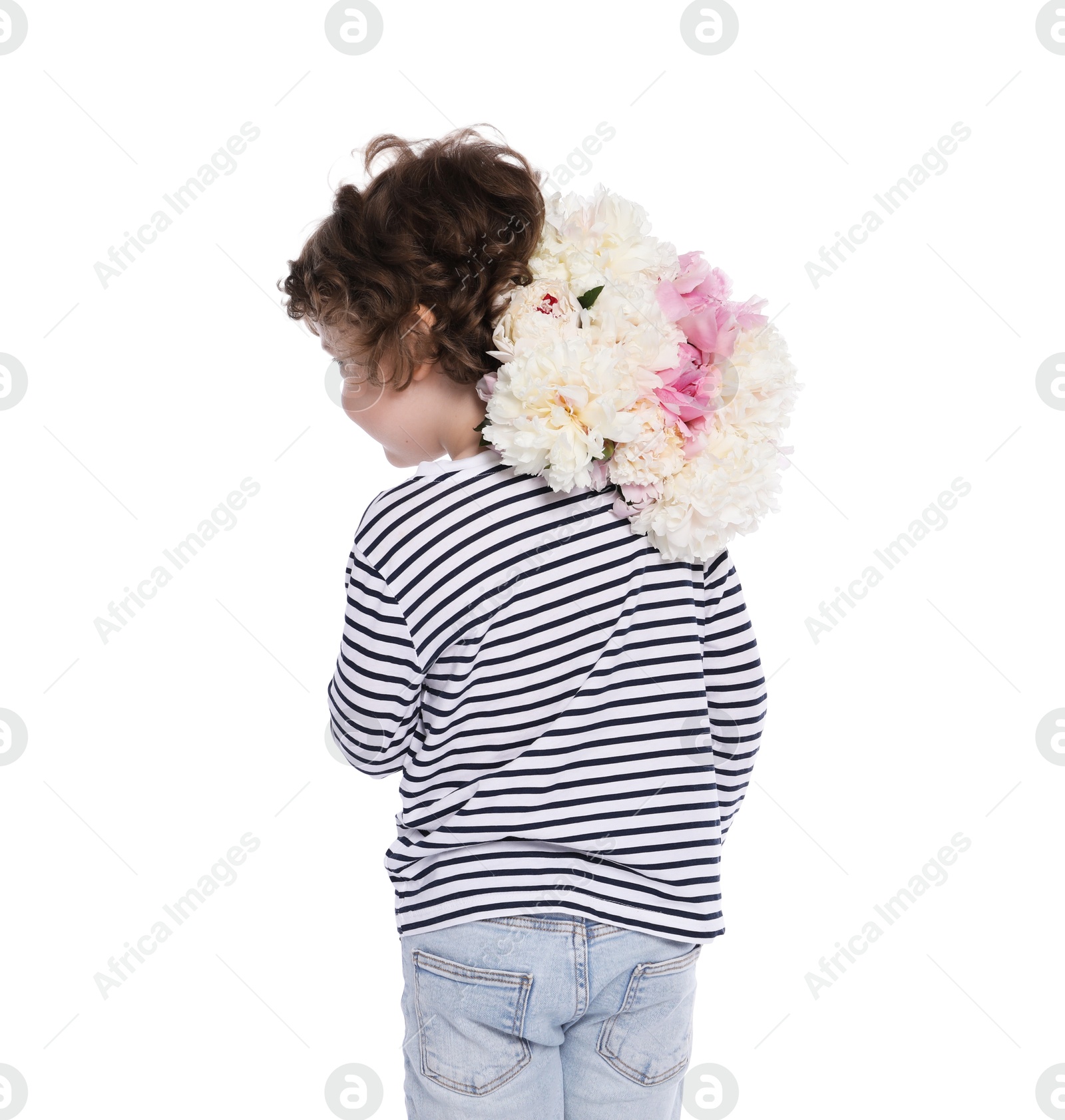 Cute little boy with bouquet of beautiful peonies on white background, back view Photo of Cute little boy with bouquet of beautiful peonies on white background, back view