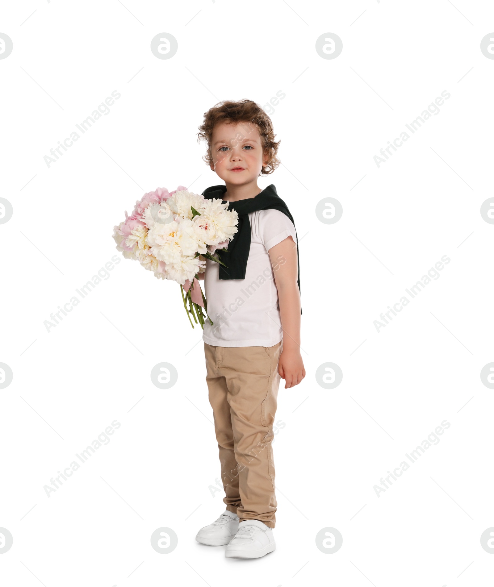 Cute little boy with bouquet of beautiful peonies on white background Photo of Cute little boy with bouquet of beautiful peonies on white background
