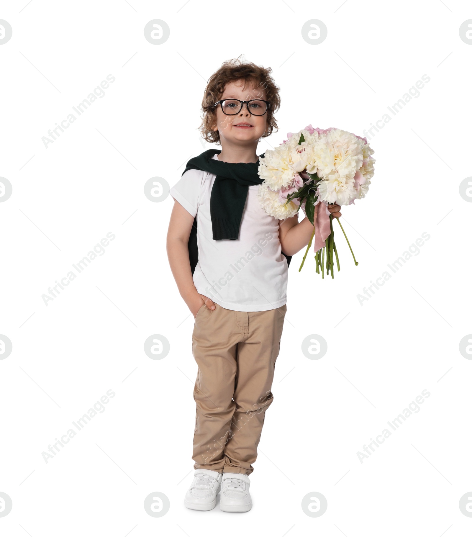 Cute little boy with bouquet of beautiful peonies on white background Photo of Cute little boy with bouquet of beautiful peonies on white background