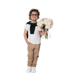 Photo of Cute little boy with bouquet of beautiful peonies on white background