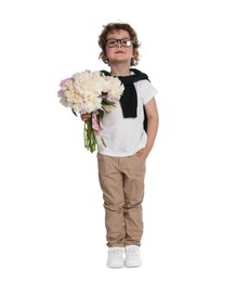 Photo of Cute little boy with bouquet of beautiful peonies on white background