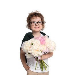 Photo of Cute little boy with bouquet of beautiful peonies on white background