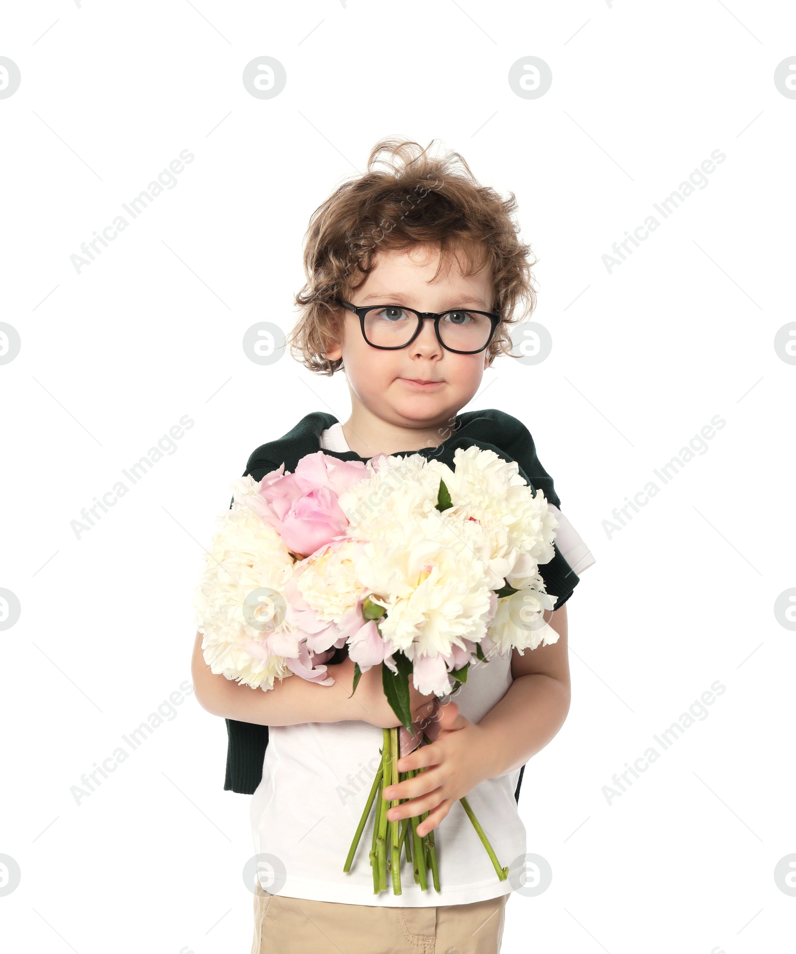 Cute little boy with bouquet of beautiful peonies on white background Photo of Cute little boy with bouquet of beautiful peonies on white background