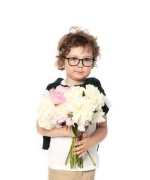 Photo of Cute little boy with bouquet of beautiful peonies on white background