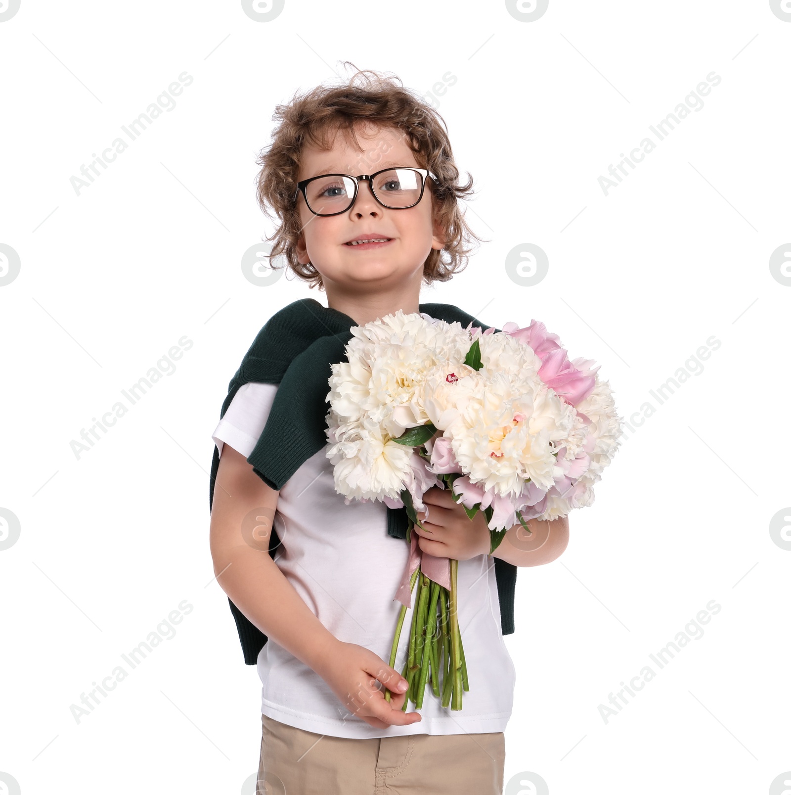 Cute little boy with bouquet of beautiful peonies on white background Photo of Cute little boy with bouquet of beautiful peonies on white background