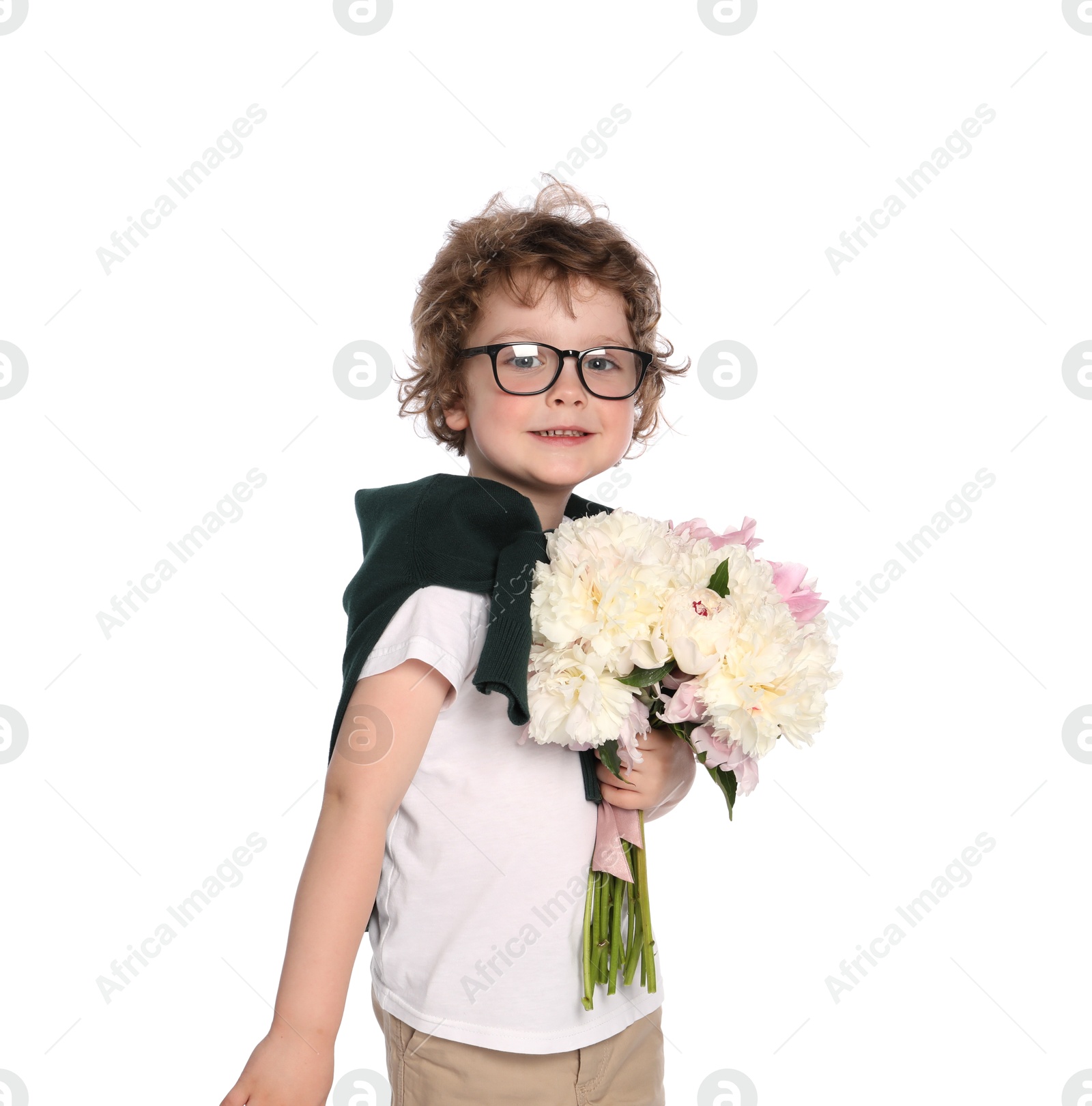 Cute little boy with bouquet of beautiful peonies on white background Photo of Cute little boy with bouquet of beautiful peonies on white background