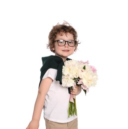Photo of Cute little boy with bouquet of beautiful peonies on white background