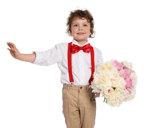 Photo of Cute little boy with bouquet of beautiful peonies waving on white background