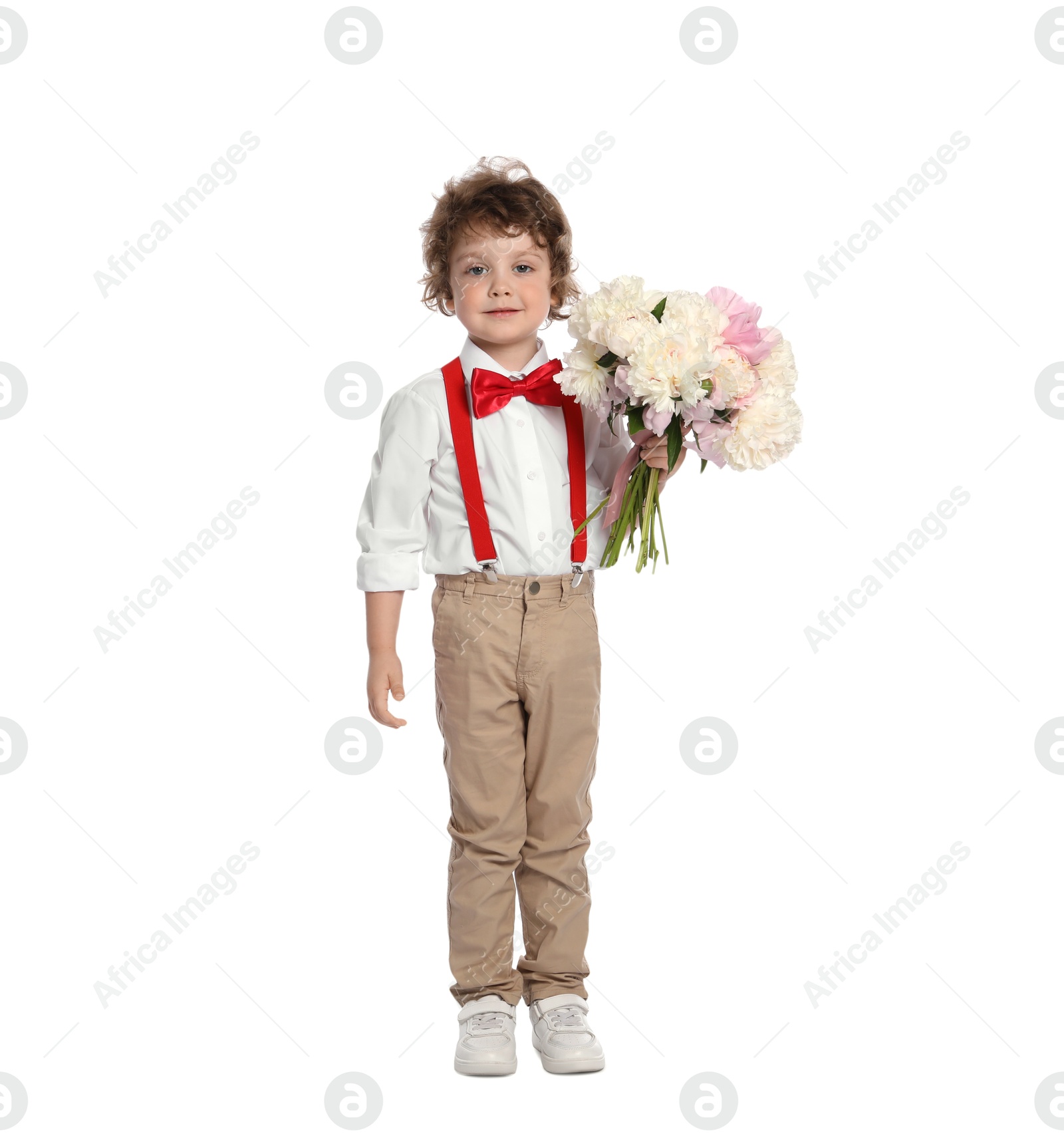 Cute little boy with bouquet of beautiful peonies on white background Photo of Cute little boy with bouquet of beautiful peonies on white background