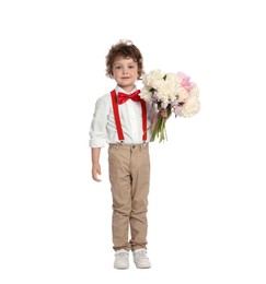 Photo of Cute little boy with bouquet of beautiful peonies on white background