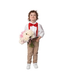 Photo of Cute little boy with bouquet of beautiful peonies on white background