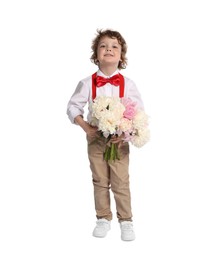 Photo of Cute little boy with bouquet of beautiful peonies on white background