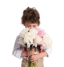 Photo of Cute little boy with bouquet of beautiful peonies on white background