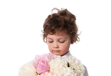 Photo of Cute little boy with bouquet of beautiful peonies on white background