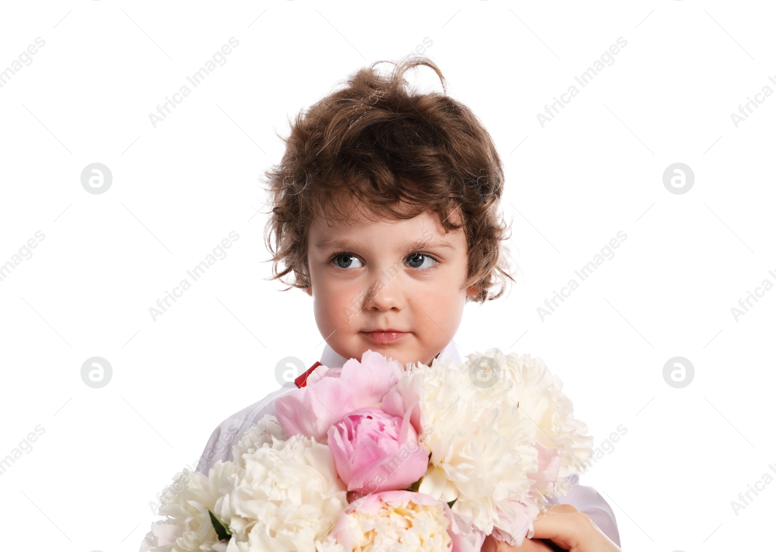 Photo of Cute little boy with bouquet of beautiful peonies on white background