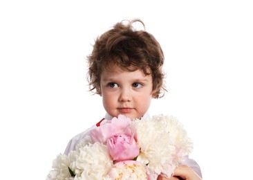 Photo of Cute little boy with bouquet of beautiful peonies on white background