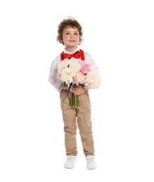 Photo of Cute little boy with bouquet of beautiful peonies on white background
