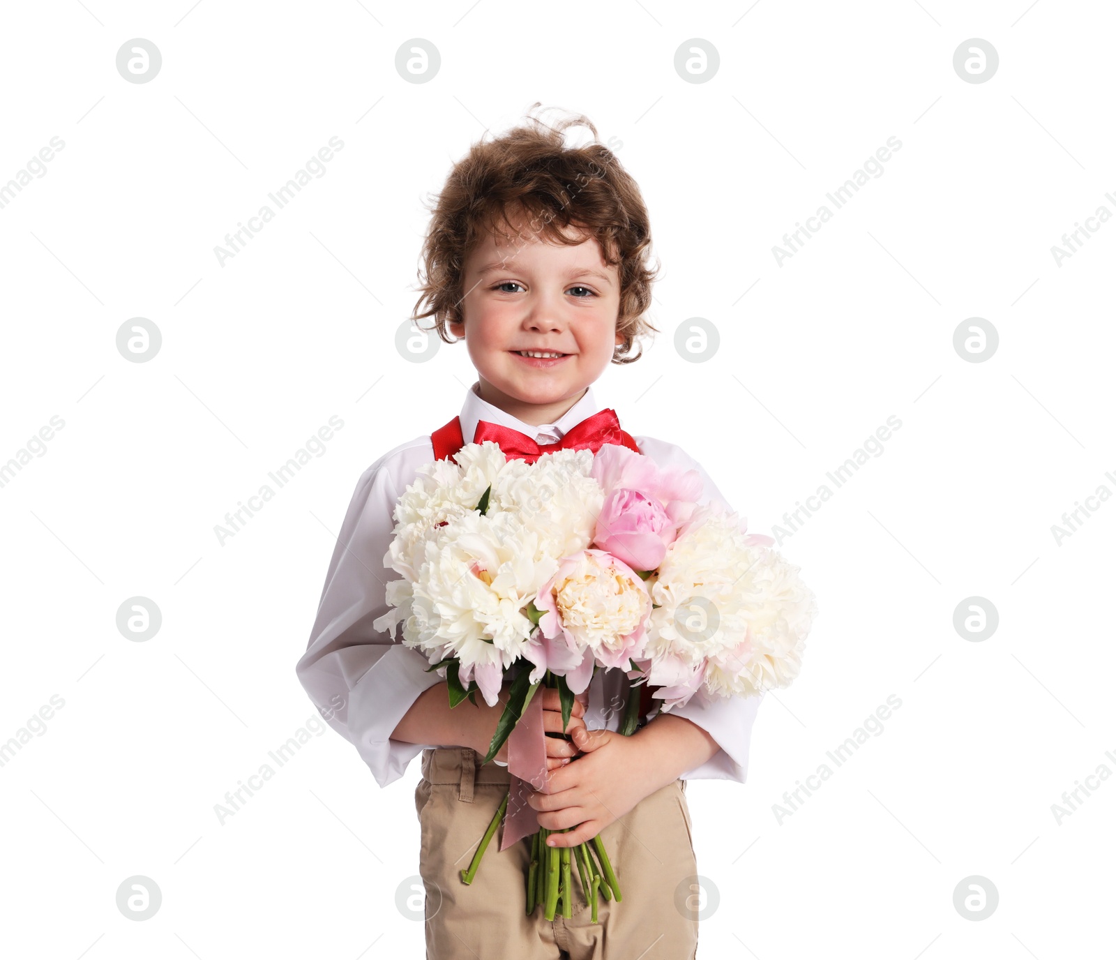 Cute little boy with bouquet of beautiful peonies on white background Photo of Cute little boy with bouquet of beautiful peonies on white background