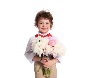 Photo of Cute little boy with bouquet of beautiful peonies on white background