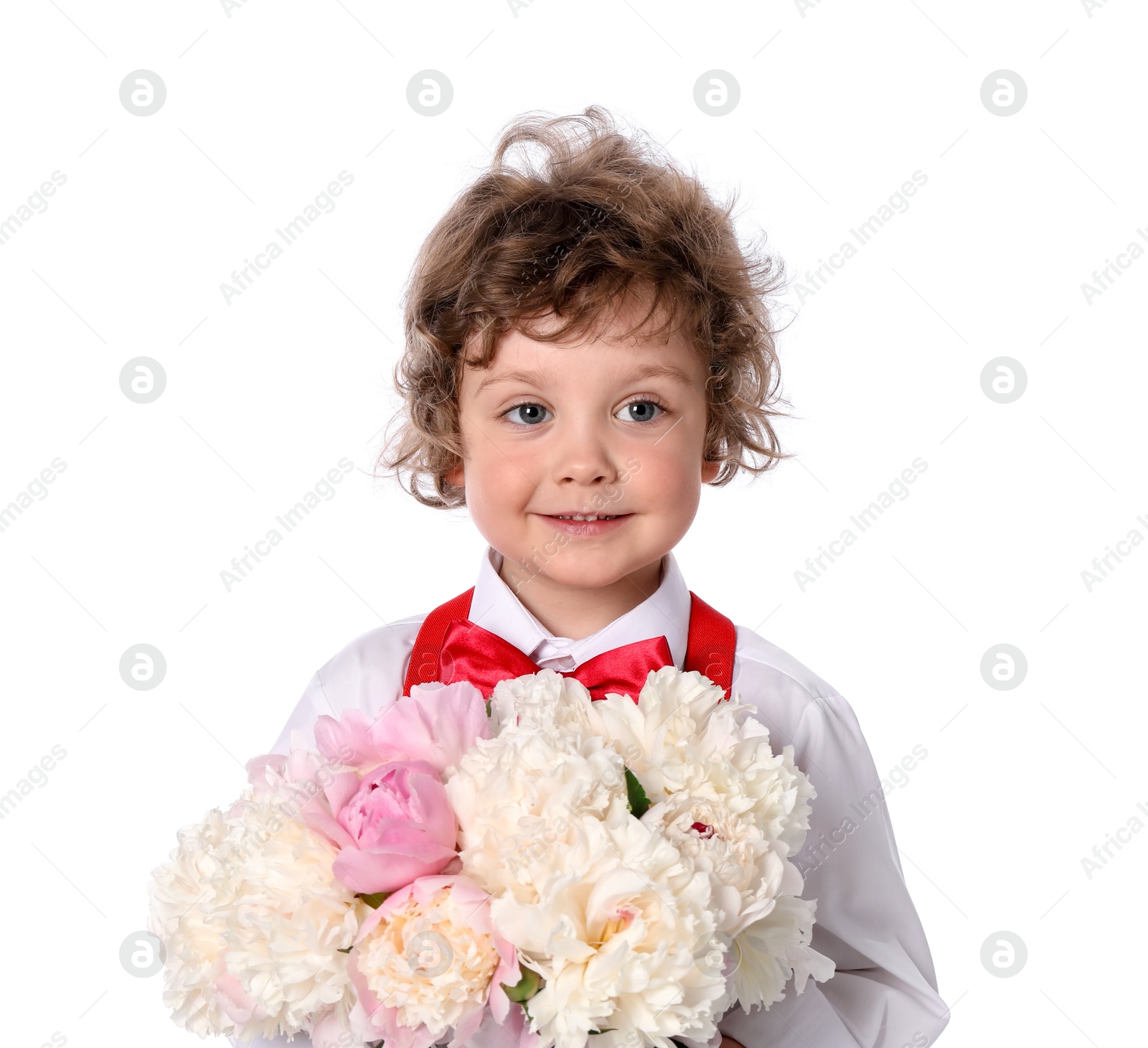 Cute little boy with bouquet of beautiful peonies on white background Photo of Cute little boy with bouquet of beautiful peonies on white background