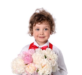 Photo of Cute little boy with bouquet of beautiful peonies on white background