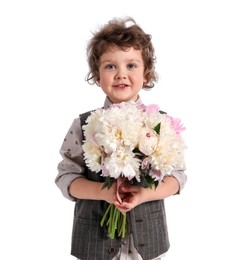 Photo of Cute little boy with bouquet of beautiful peonies on white background