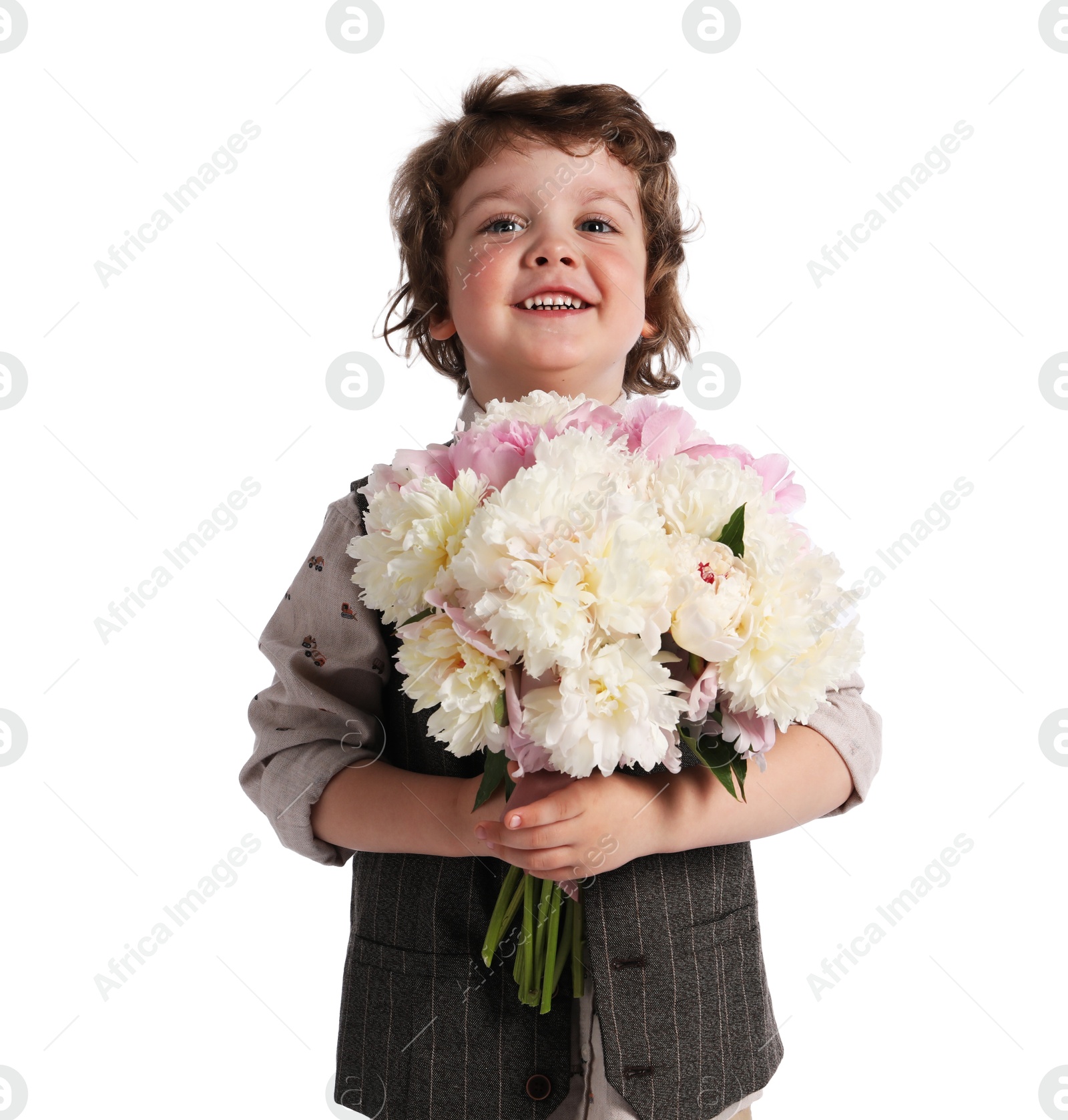 Cute little boy with bouquet of beautiful peonies on white background Photo of Cute little boy with bouquet of beautiful peonies on white background