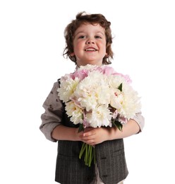 Photo of Cute little boy with bouquet of beautiful peonies on white background