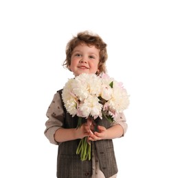 Photo of Cute little boy with bouquet of beautiful peonies on white background