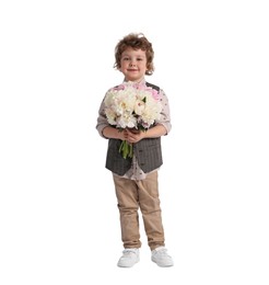 Photo of Cute little boy with bouquet of beautiful peonies on white background