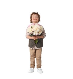 Photo of Cute little boy with bouquet of beautiful peonies on white background