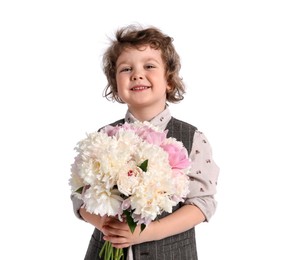 Photo of Cute little boy with bouquet of beautiful peonies on white background