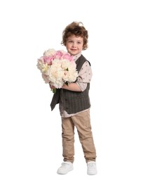 Photo of Cute little boy with bouquet of beautiful peonies on white background