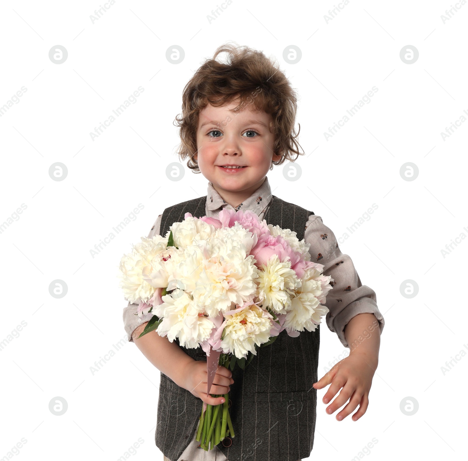 Cute little boy with bouquet of beautiful peonies on white background Photo of Cute little boy with bouquet of beautiful peonies on white background