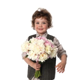 Photo of Cute little boy with bouquet of beautiful peonies on white background