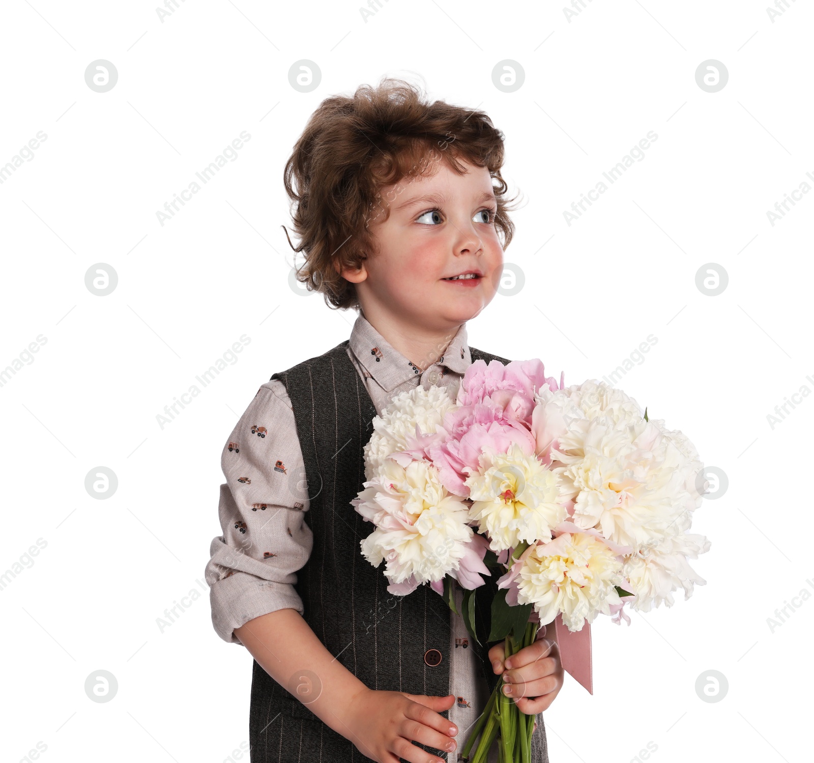 Cute little boy with bouquet of beautiful peonies on white background Photo of Cute little boy with bouquet of beautiful peonies on white background
