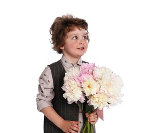 Photo of Cute little boy with bouquet of beautiful peonies on white background