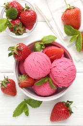 Photo of Tasty sorbet with strawberries and mint served on white wooden table, flat lay