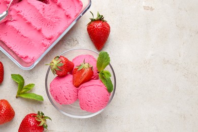 Photo of Tasty sorbet with strawberries and mint served on light table, flat lay. Space for text