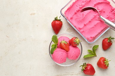 Photo of Tasty sorbet with strawberries and mint served on light table, flat lay. Space for text