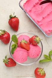 Photo of Tasty sorbet with strawberries and mint served on light table, flat lay