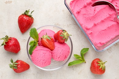 Photo of Tasty sorbet with strawberries and mint served on light table, flat lay