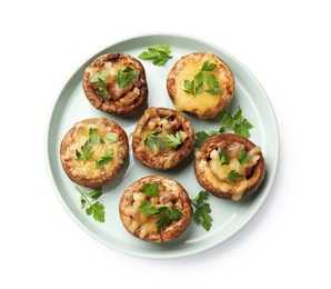 Photo of Tasty stuffed mushrooms isolated on white, top view