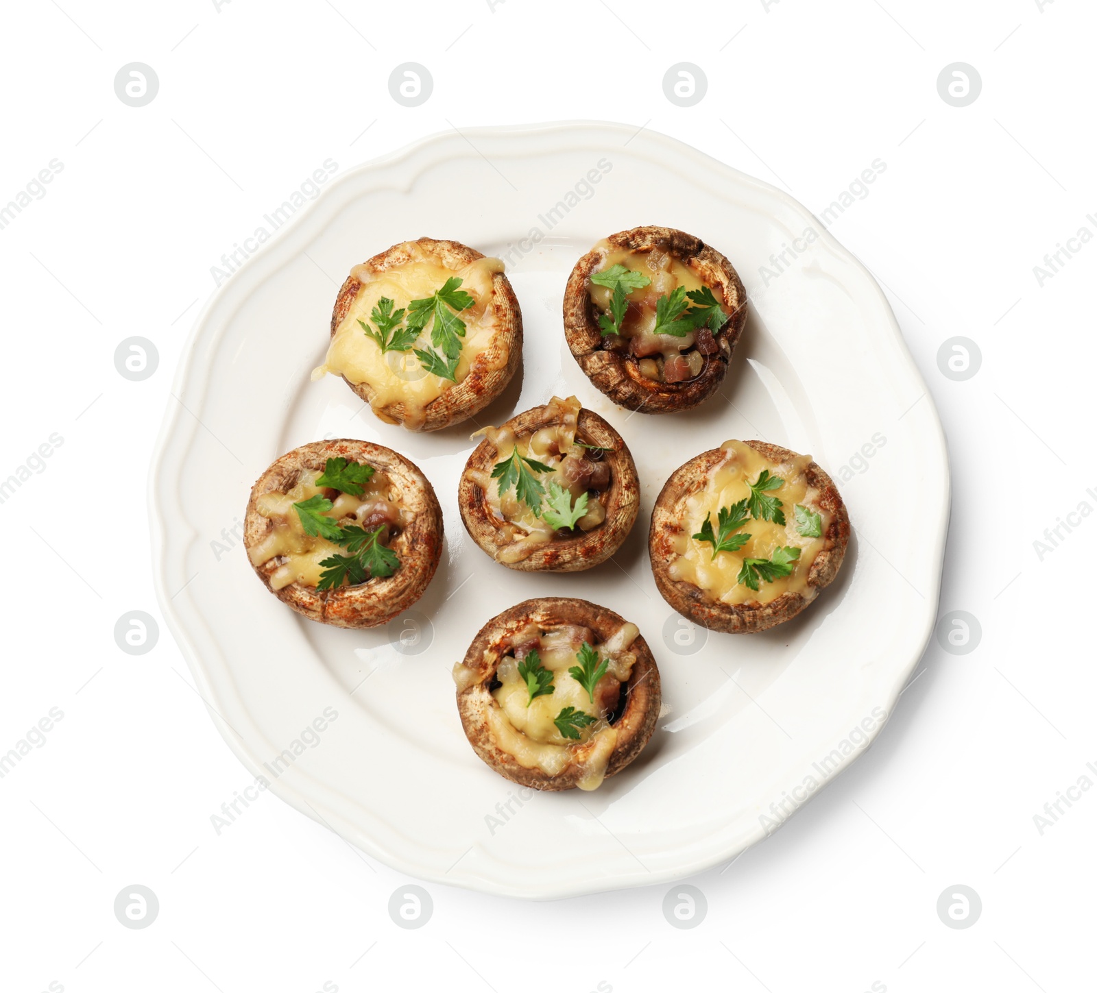 Tasty stuffed mushrooms isolated on white, top view Photo of Tasty stuffed mushrooms isolated on white, top view