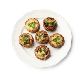 Photo of Tasty stuffed mushrooms isolated on white, top view
